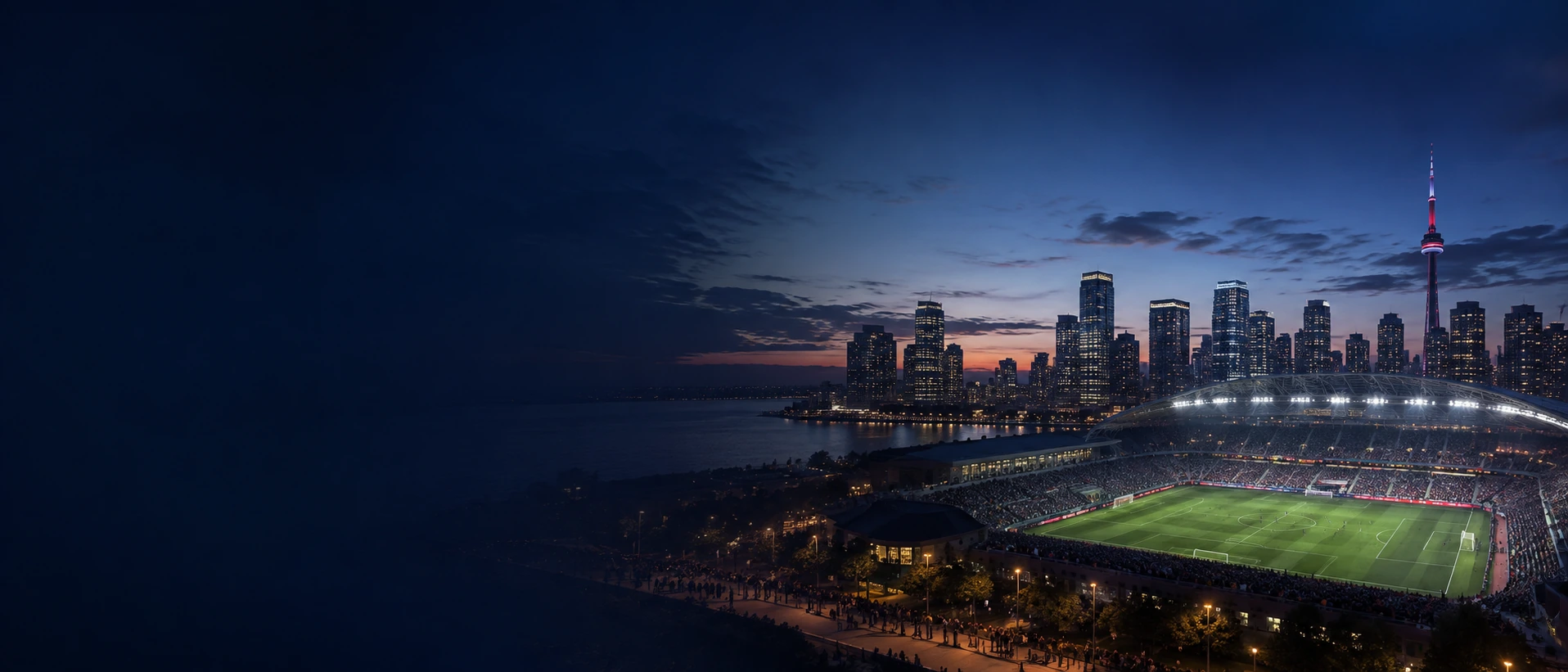 MLS stadium and North American city skyline at dusk