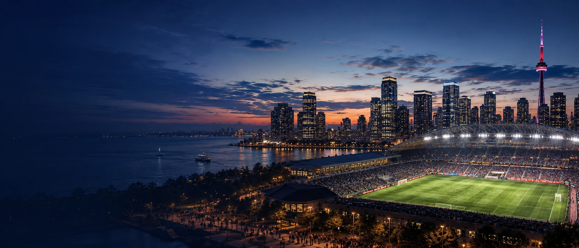MLS stadium beside a North American waterfront skyline at dusk